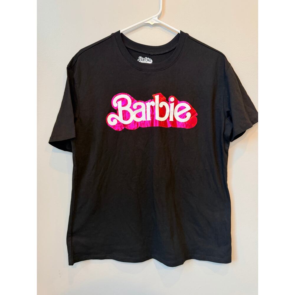 Official Barbie Black Graphic T-Shirt Metallic Pink Script Logo Tee Size L